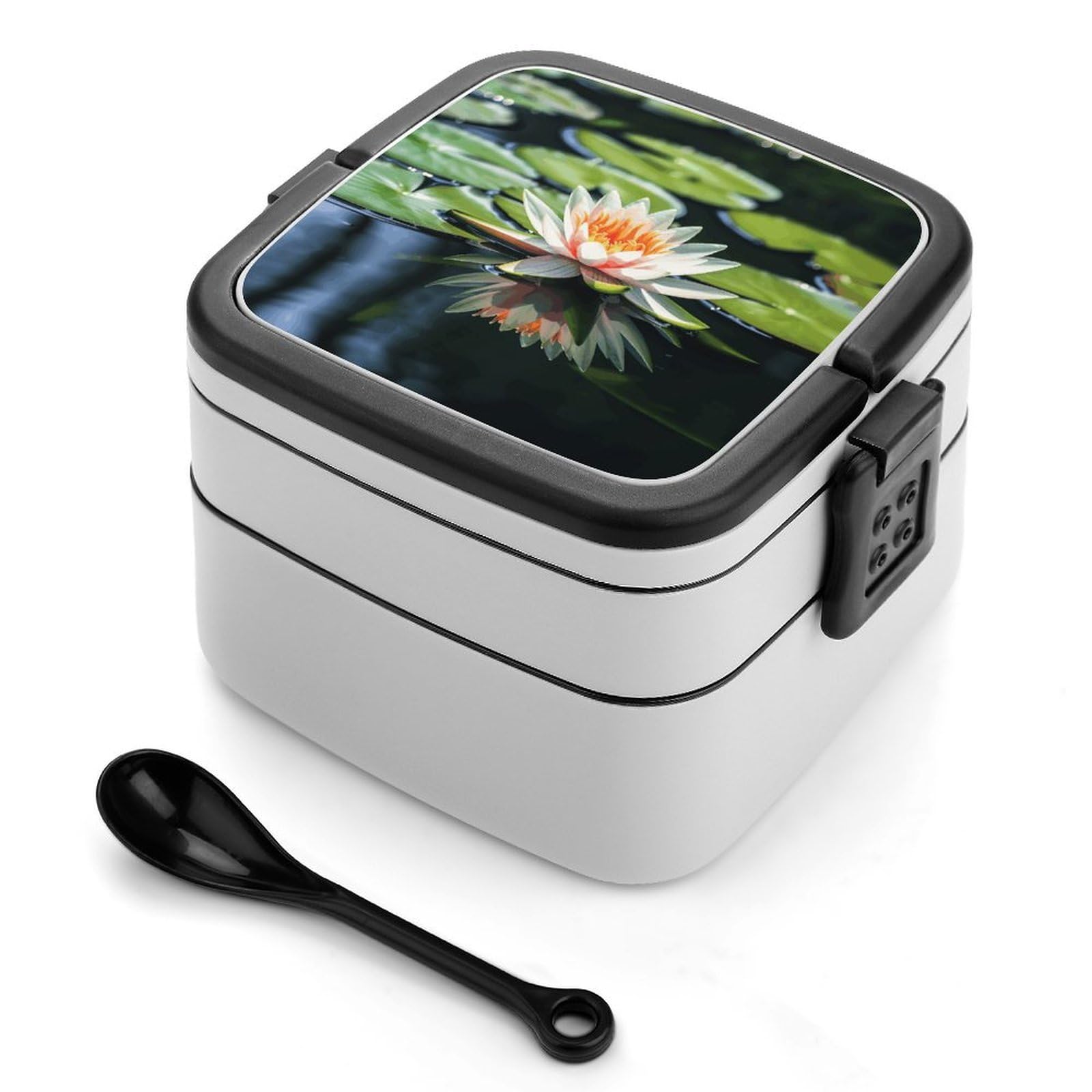 JTREHY Water Lily Lunch Box Double-Layer Portable Lunch Container Stackable Large Capacity Leakproof Bento Box for Dining Out Work Picnics Travel