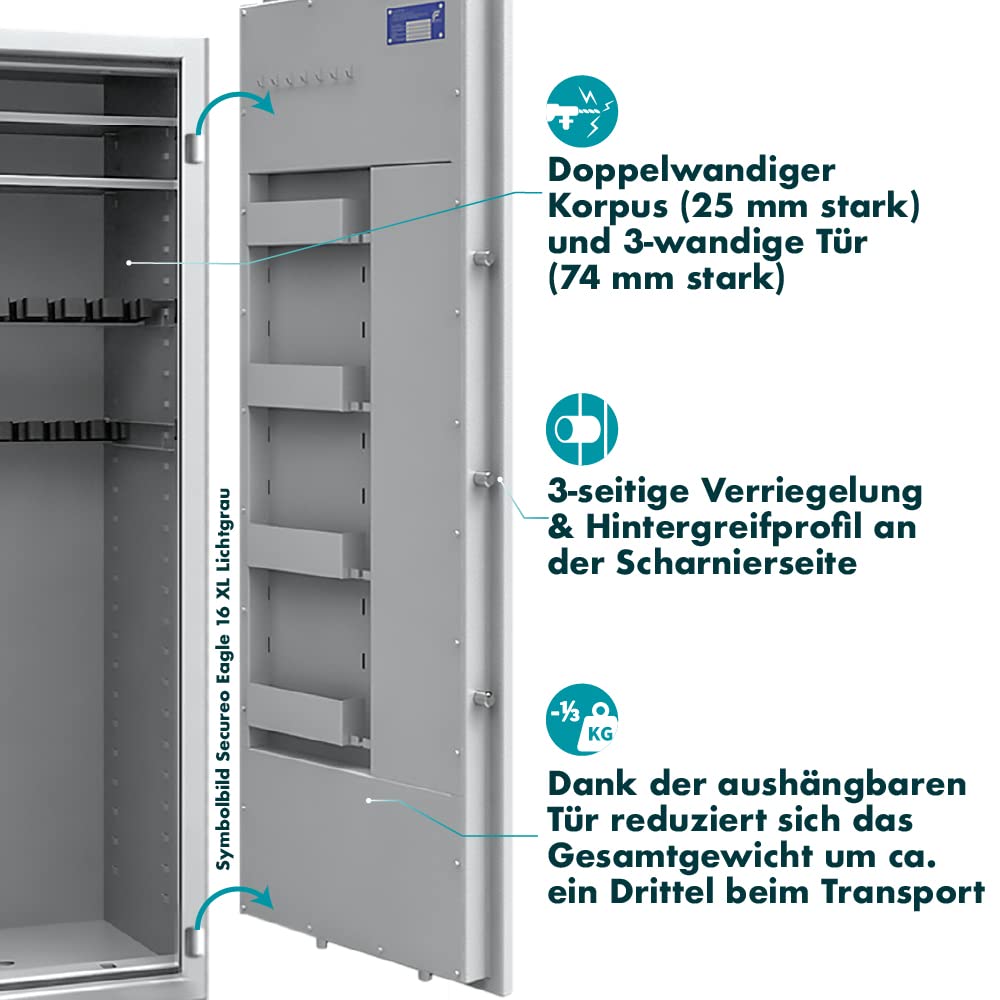 SafeHero Waffenschrank Klasse 1 EN 1143-1 Secureo Eagle 16 XL | Waffenschrank 1 für 16 Langwaffen | Langwaffenschrank mit Elektronikschloss | Konformer Waffenschrank Langwaffen, Kurzwaffen + Munition