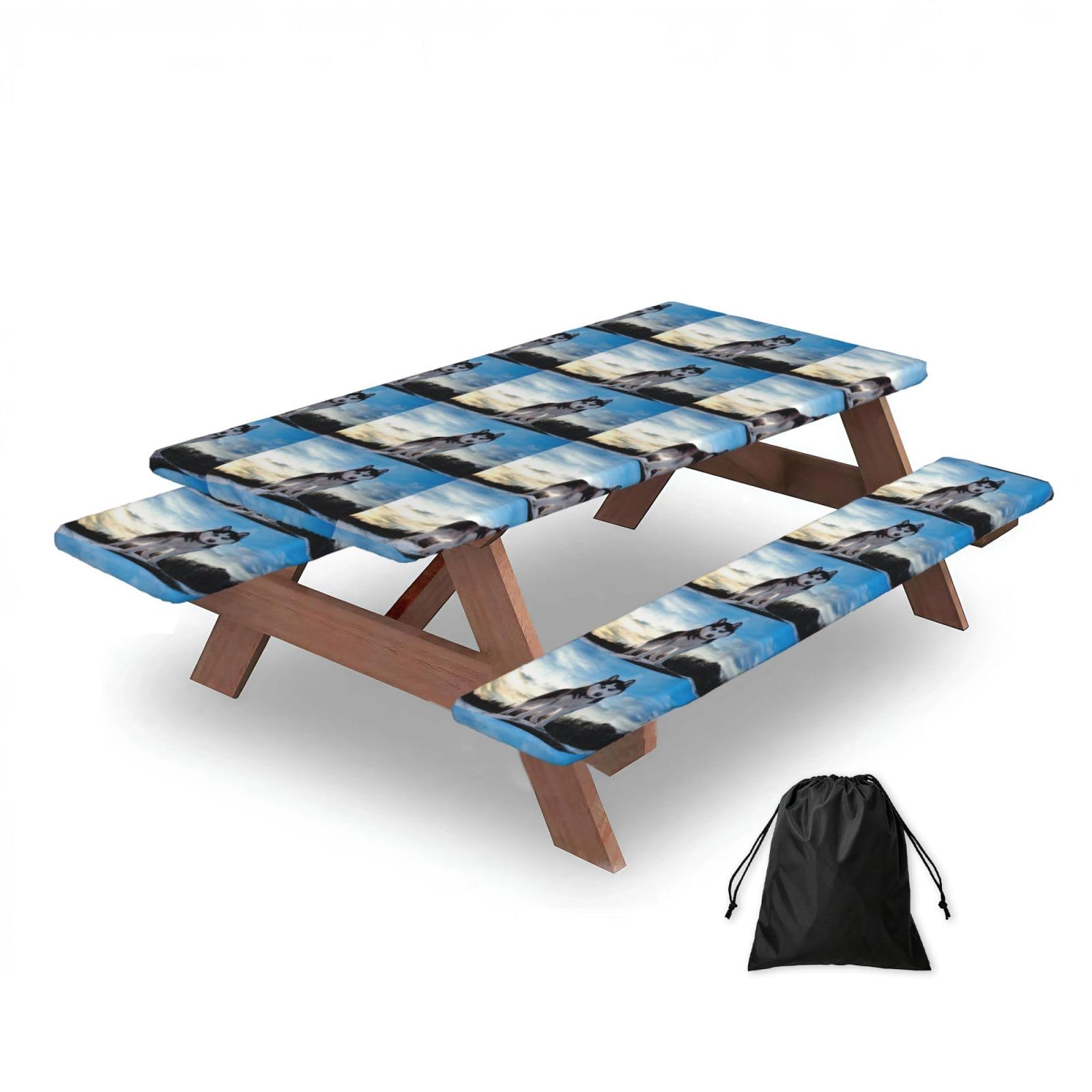 Dopklna As Picture Siberian Husky, Picnic Table Cover With Bench Covers -Waterproof Elastic Fitted Tablecloth For Garden Camping Patio 76X152cm