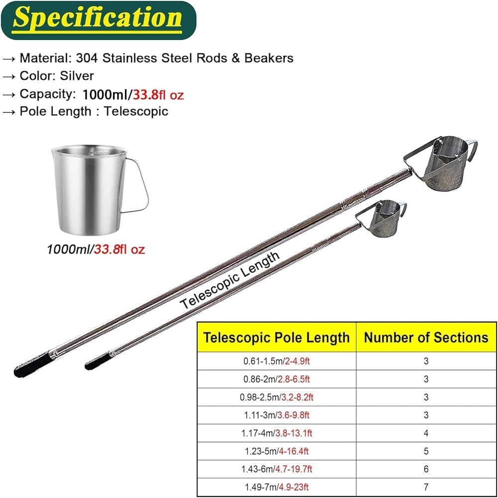 Palo per il Prelievo Dell'acqua Asta Telescopica in Acciaio Inox per il Campionamento Dell'acqua, Scarichi Industriali Aampionatore Della Qualità con Manico L(Size:Extend to 13.1ft/4m,Color:Set Of 1)