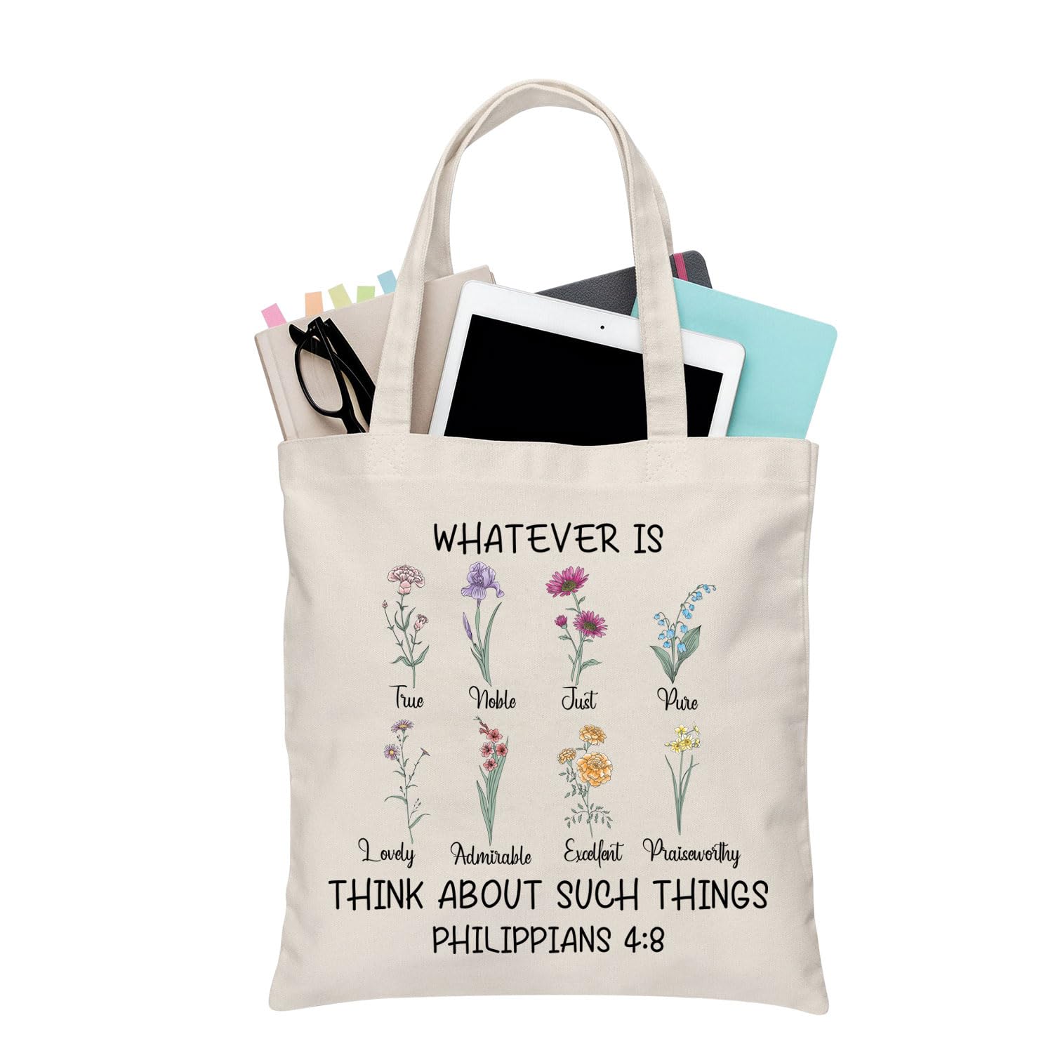 BDPWSS Christian Tote Bag Religious Gift Bible Verse Gift Whatever Is True Wildflower Philippians 4:8 Floral Bible Handbag