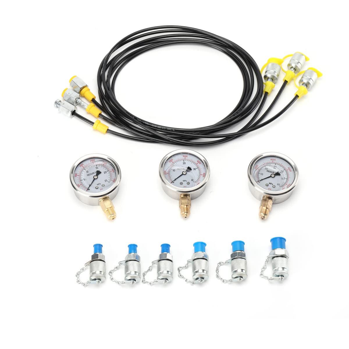 Hydraulisches Manometer-Kit, 8700PSI Stark Hydraulikdrucktestkit Druckprüfgerät, 250Bar-600Bar Edelstahl Manometer Testmessgerät Set mit Testkupplungen Testschlauch für Bagger Baumaschine