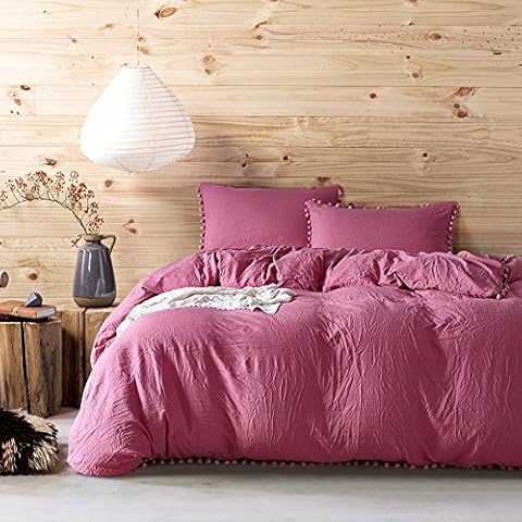 DREFEEL Luxury Quality Stone Washed Microfiber Burgundy Duvet Cover Queen Size 3 Pcs Set (1 Duvet Cover, 2 Pillowcases) - Soft Comforter Cover Quilt Case - Solid Bedding Cover