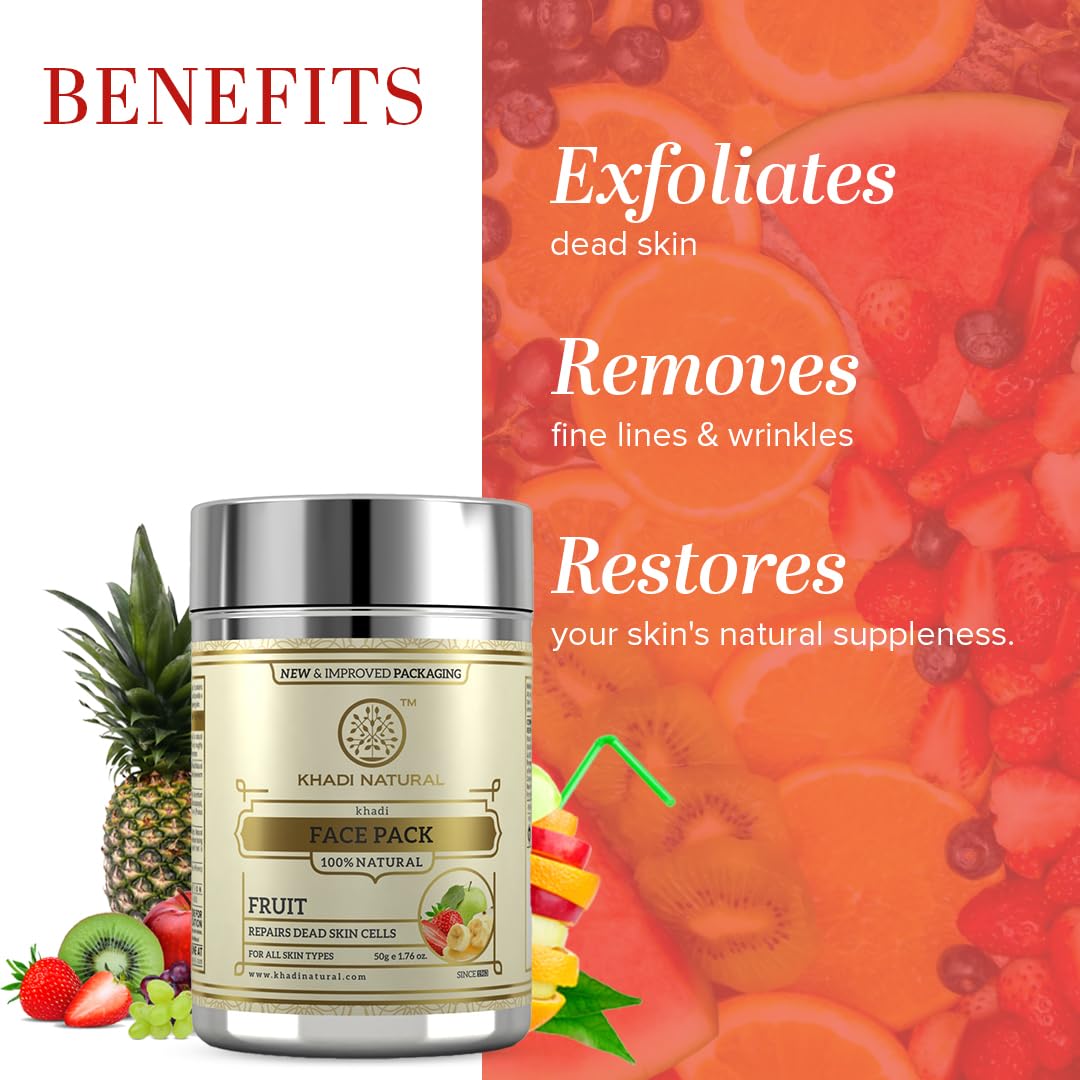 Khadi Natural Fruit Face Pack | Herbal Face Pack | Face pack for glowing skin | Face pack to improve skin tone | Free from rigid chemicals. Suitable for all types of skin, 50 grams Khadi Natural Fruit Face Pack | Herbal Face Pack | Face pack for glowing skin | Face pack to improve skin tone | Free from rigid chemicals. Suitable for all types of skin, 50 grams