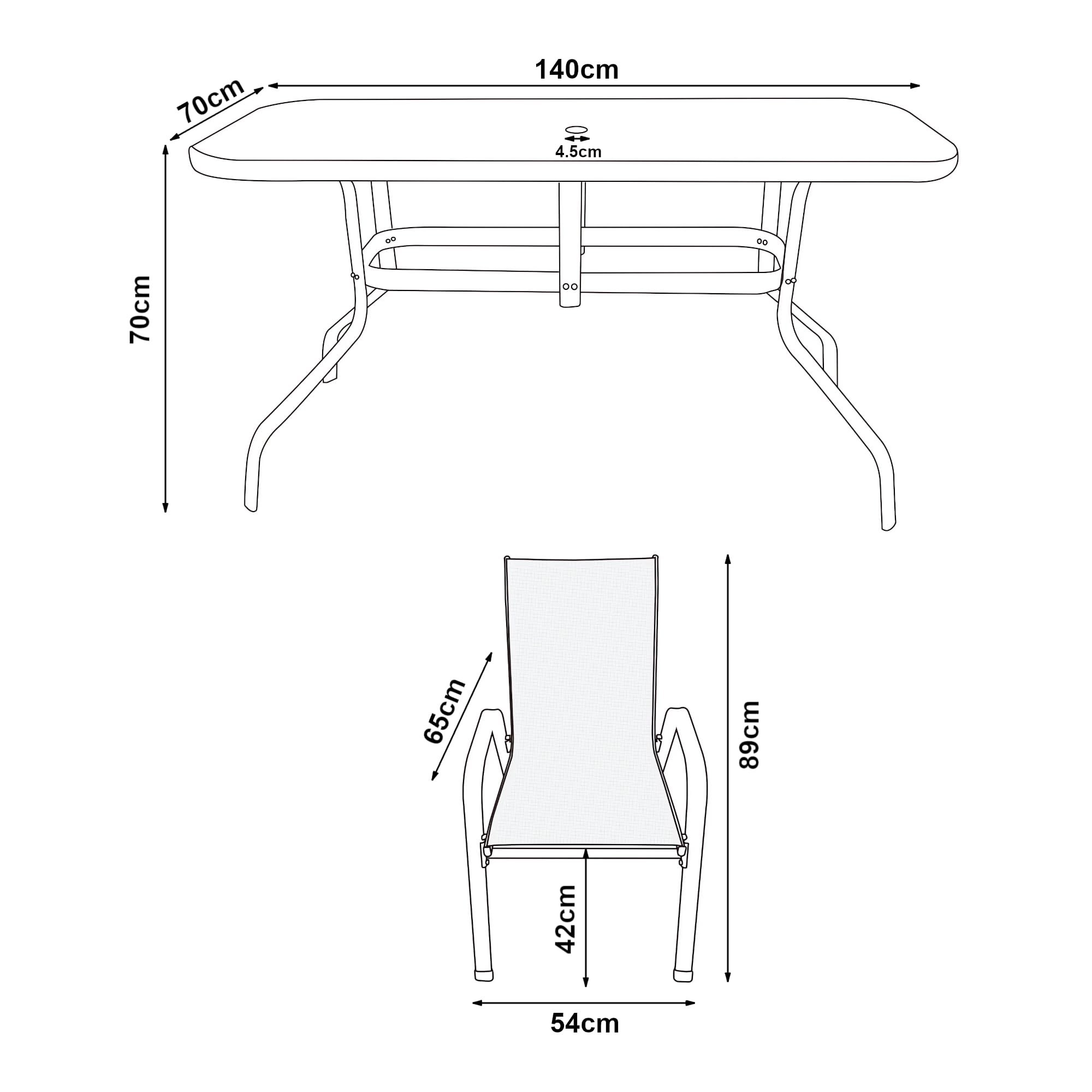 casa.pro Conjunto de Muebles de Jardin Exterior 7 Piezas Muebles de Terraza con 1 Mesa de Comedor 6 Sillas con Reposabrazos Acero Cristal Templado Textileno 70 x 140 x 70 cm - Negro