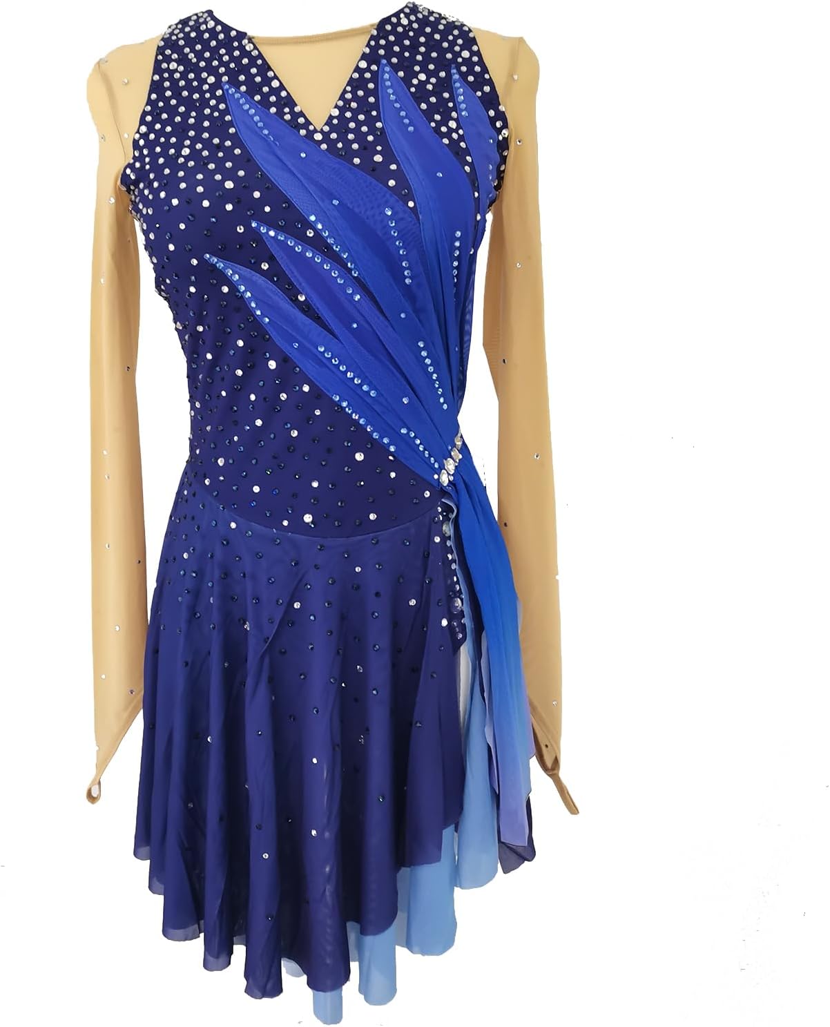 Deep Blue Girl Long Sleeved Ice Dance Performance Dress Figure Skating Skirt Competition Costume