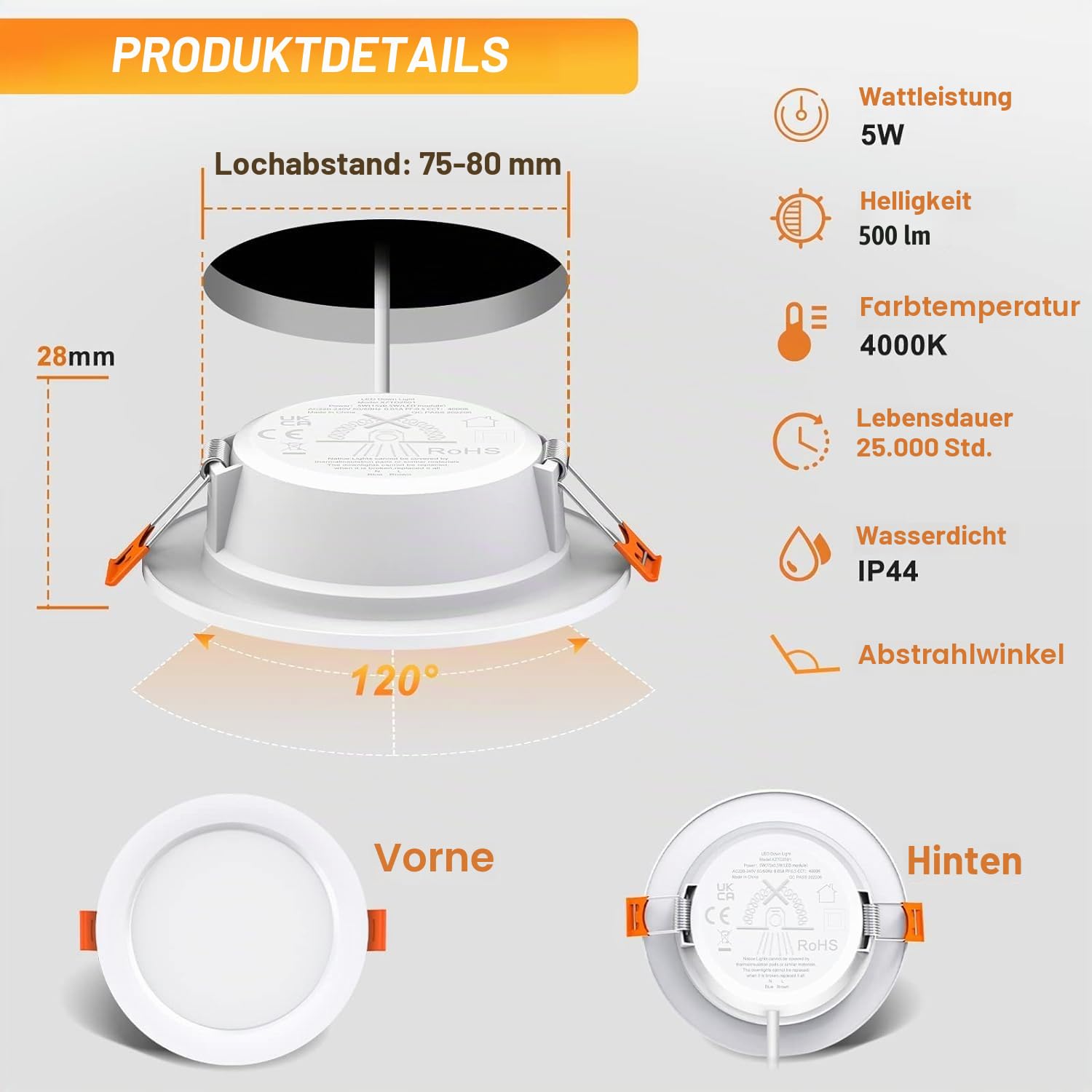 OUILA LED Einbaustrahler 230V 10er Set, LED Spot 5W 500LM IP44 Einbauleuchten Weiß 4000K Led Einbaustrahler Ultra Flach Deckenstrahler Led Spot für Badezimmer Küche Wohnzimmer Korridor