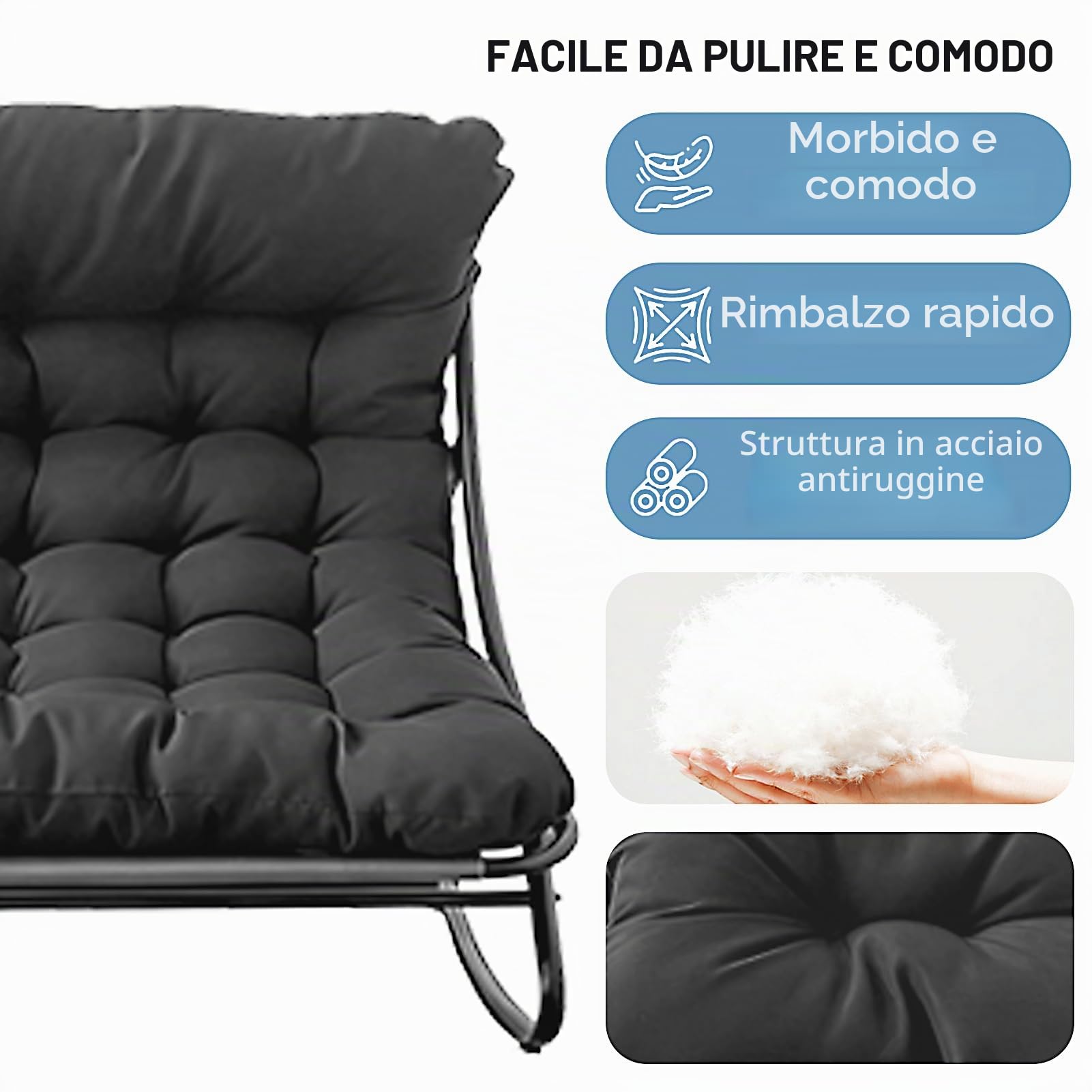 Poltrona a Dondolo da Esterno, Sedia a Dondolo da Esterno con Pouf, Poltrona da Lettura a Salotto con Cuscino Imbottito, Portata 150kg, Rocking Chair per Salotto Terrazza Camera Studio (Grigio)