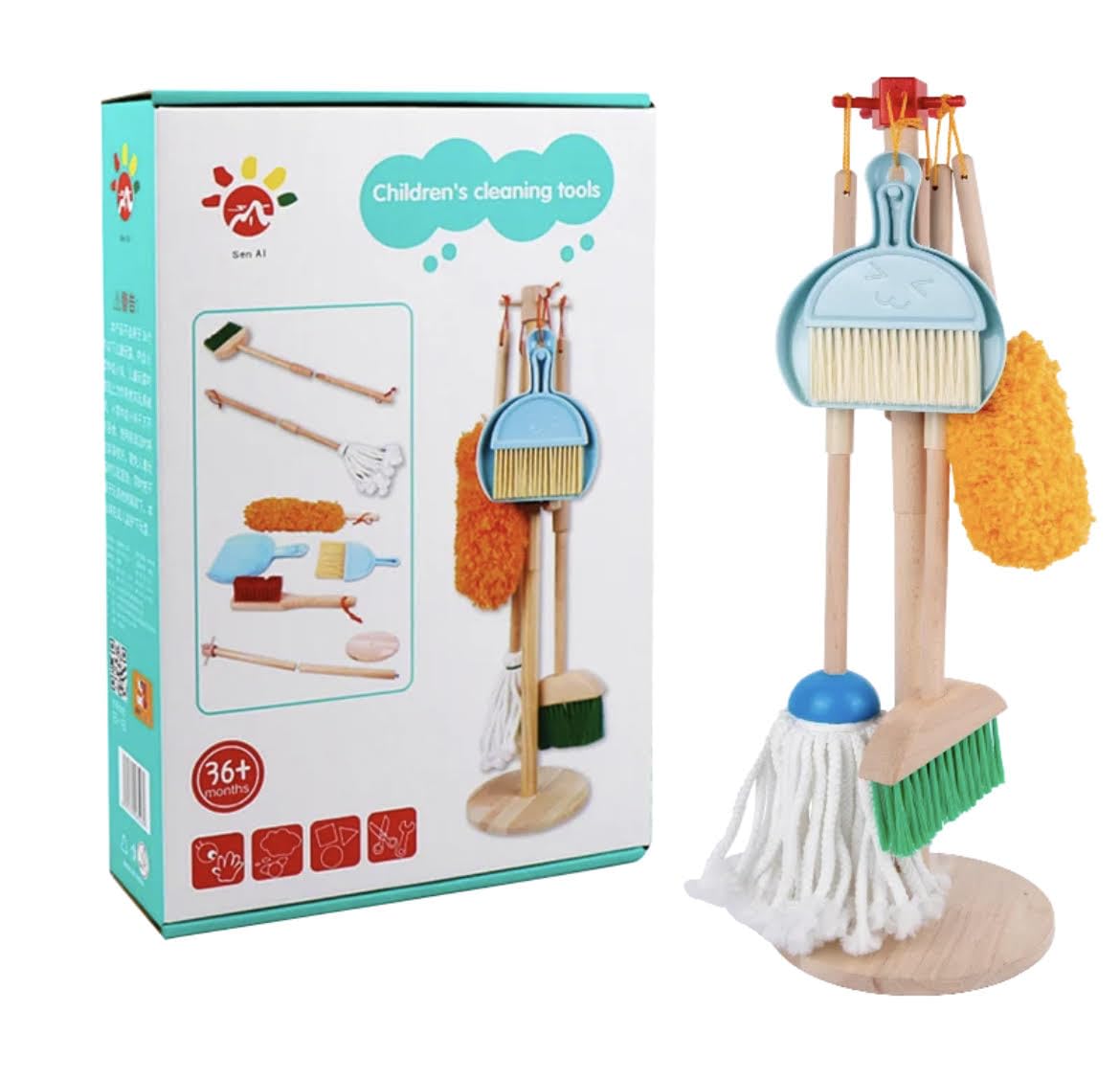 Wooden Kids Cleaning Tools Set – Complete Household Mop, Broom, Sponge, Rag, Brush, Dustpan & Duster with Organizer – Pretend Play Role Play Cleaning Set for Ages 3-6 – Fun & Educational