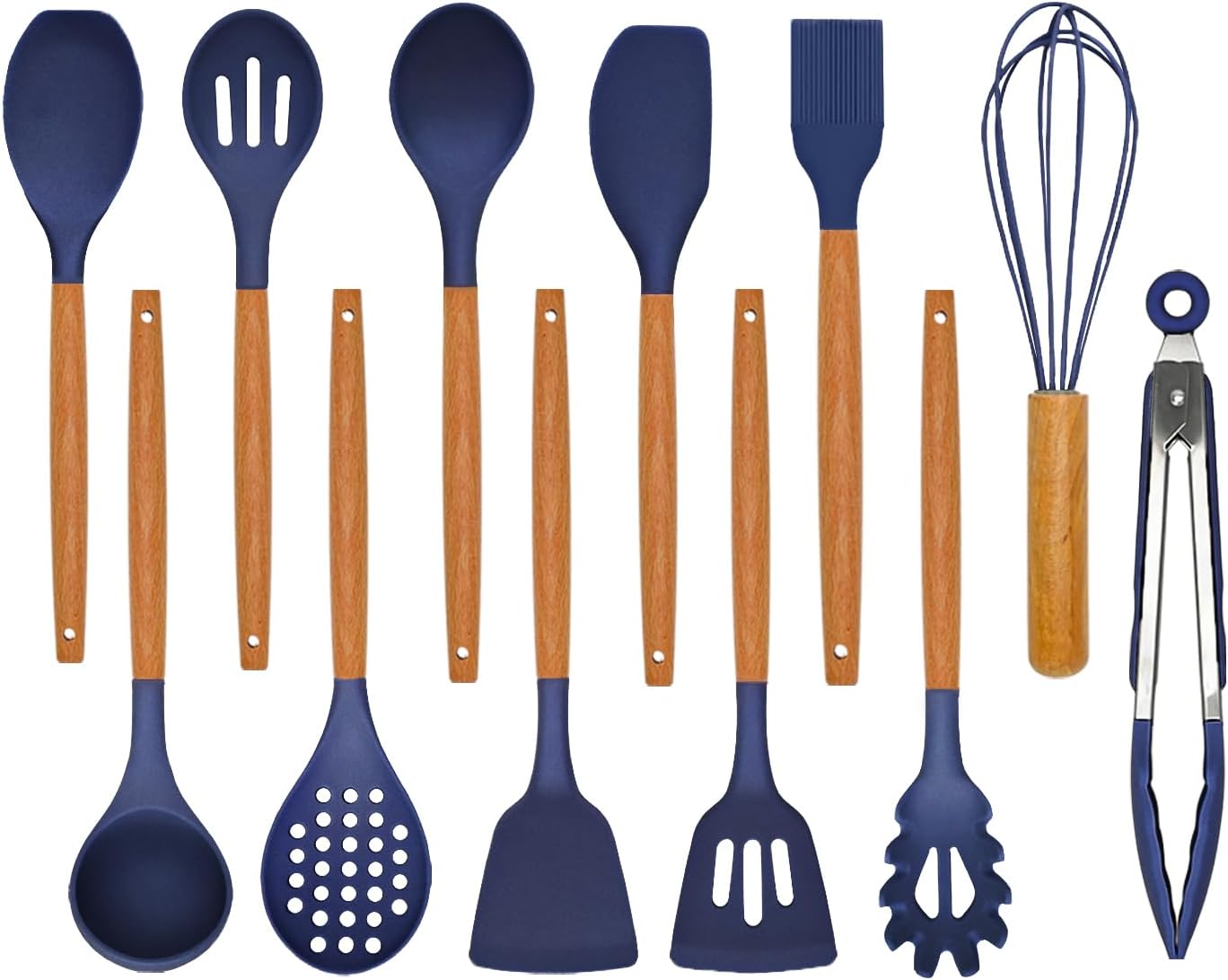 kitchen utensils set - silicone cooking utensils set - 12 pcs for cooking, spatula,turner, spoon, brush, useful pots and pans accessories, kitchen gadgets for non-stick cookware bpa free navy blue