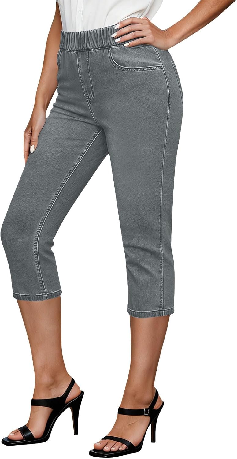 Women Capris Jeans Elastic Waist Skinny Straight Cropped Denim High Waisted Stretchy Fashion Jeggings with Pockets