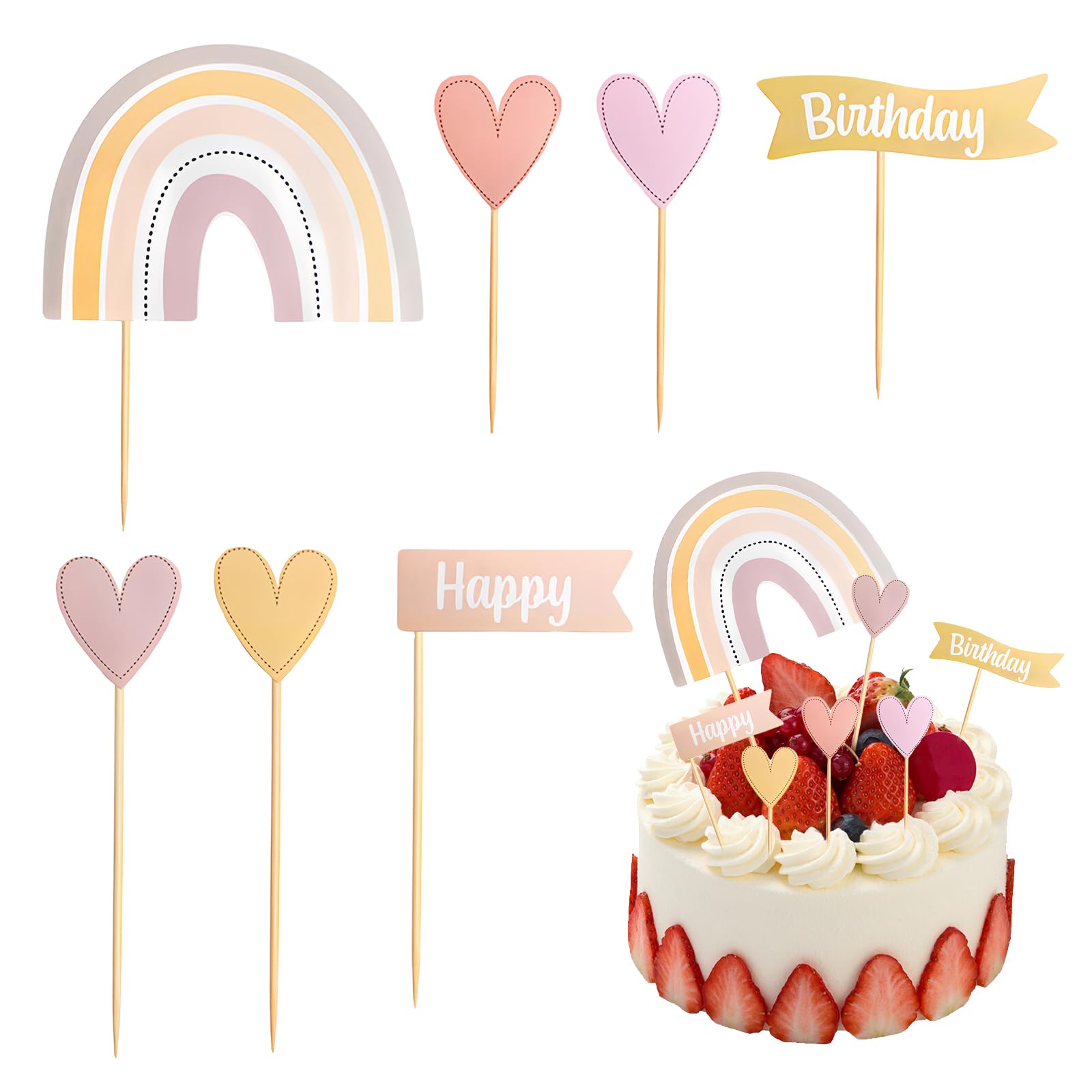 8 Piezas de Decoración para Tartas de Cumpleaños, Arco Iris Decoración de Tarta de Cumpleaños para Tartas, CakeTopper Cupcake Toppers, Decoracion Tartas Cumpleaños para Decoración deTartas