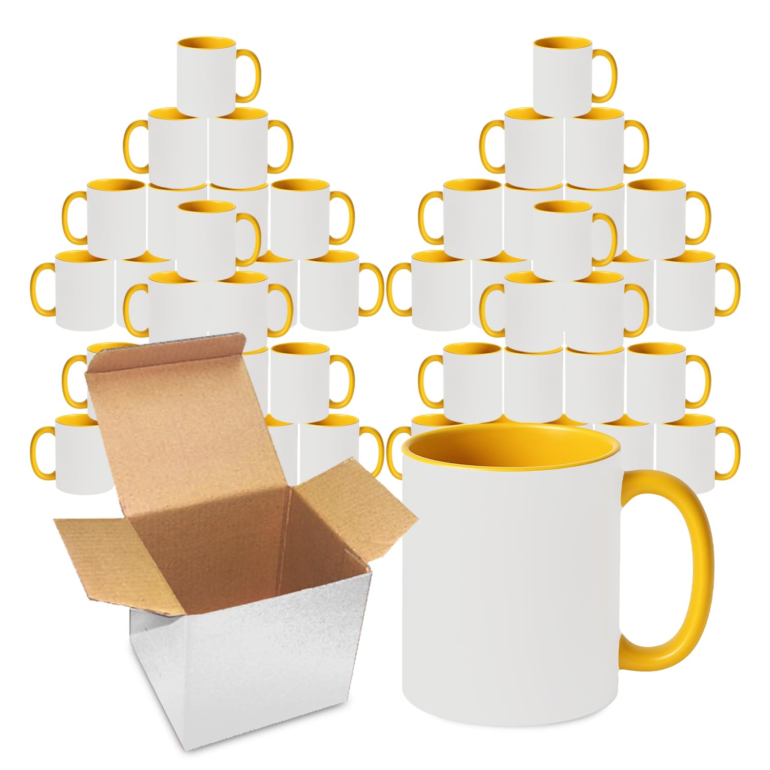 Sublimation Mugs 11oz Blank with Coloured Large Handle & Inner with Box | Durable, Ceramic Orca Finished Mugs Perfect for Custom & DIY Printing, for Loved Ones | Yellow Bulk Pack of 48