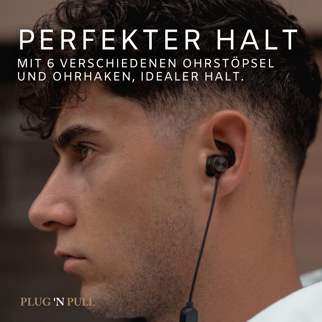 PLUG 'N PULL Écouteurs intra auriculaires sans fil Bluetooth 5.0 avec micro, 15 heures d'autonomie, microphone avec réduction de bruit, idéal sport, résistant à la transpiration, fixation magnétique