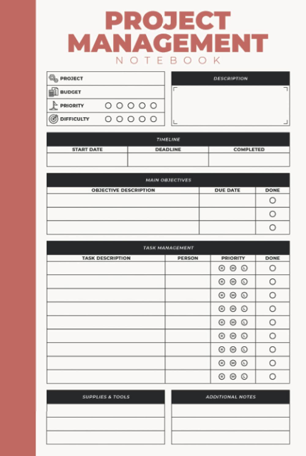 Project Management Notebook: Hardback & Hardcover Project Management Planner For Work - Project Manager Tracker & Organizer With Checklist & Notes - Project Management Notebook Organizer For Work