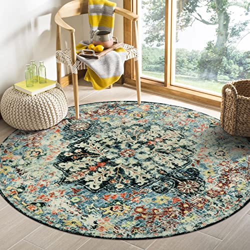 Lahome Bohemian Floral Medallion Round Rug - 4Ft Entryway Round Area Rug Soft Bathroom Circle Mat, Teal Turkish Non Slip Machine Washable Indoor Accent Carpet for Bedroom Kitchen Coffee Tabl