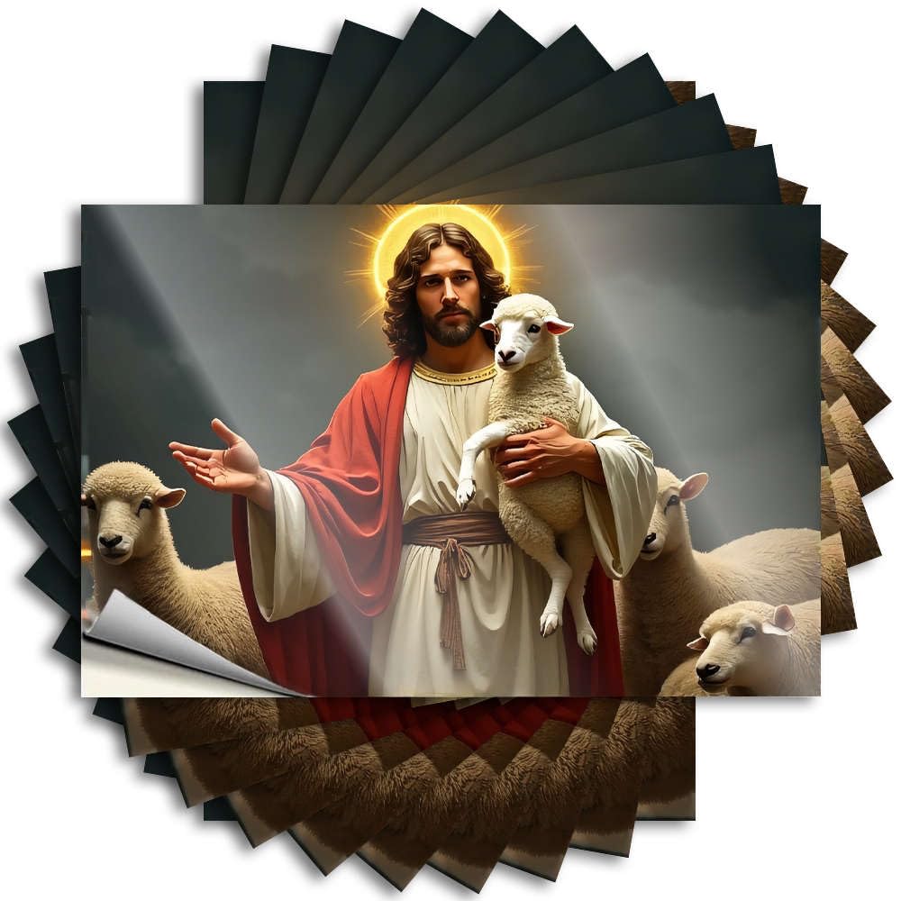 Fzfn Colour Quote Core Peel And Stick - A Man With A Halo Holds A Lamb, Surrounded By Sheep. Bumper Tall Waterproof Vinyl For Dry(6X9cm)