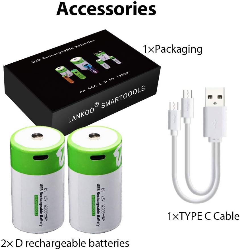 Lankoo D batteries, USB-C cable, and packaging box