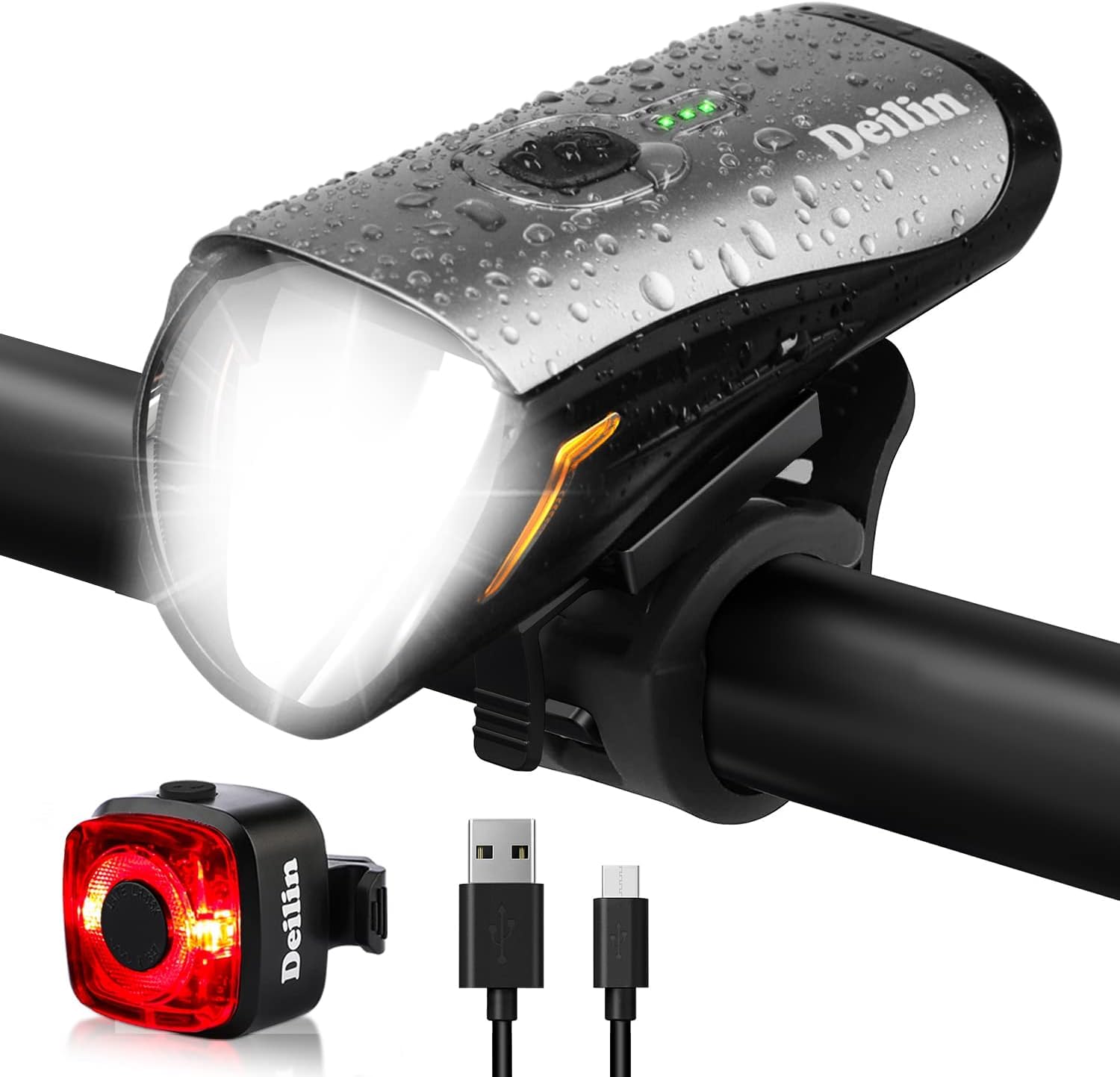 Deilin Fahrradlicht Set, bis zu 70 Lux LED Fahrradbeleuchtung USB Aufladbar Fahrradlampe, IPX5 Wasserdicht Fahrradlichter Vorne Rücklicht Fahrrad Licht Fahrradleuchtenset Fahrradlampe