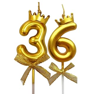 FI - FLICK IN 2 Pc 36 Number Candle for Birthday Cake Metallic 36th Birthday Cake Decoration Thirty Six Candle with Crown on Top Cake Topper 0-9 Number Candles for Anniversary (Pack of 2, Gold)