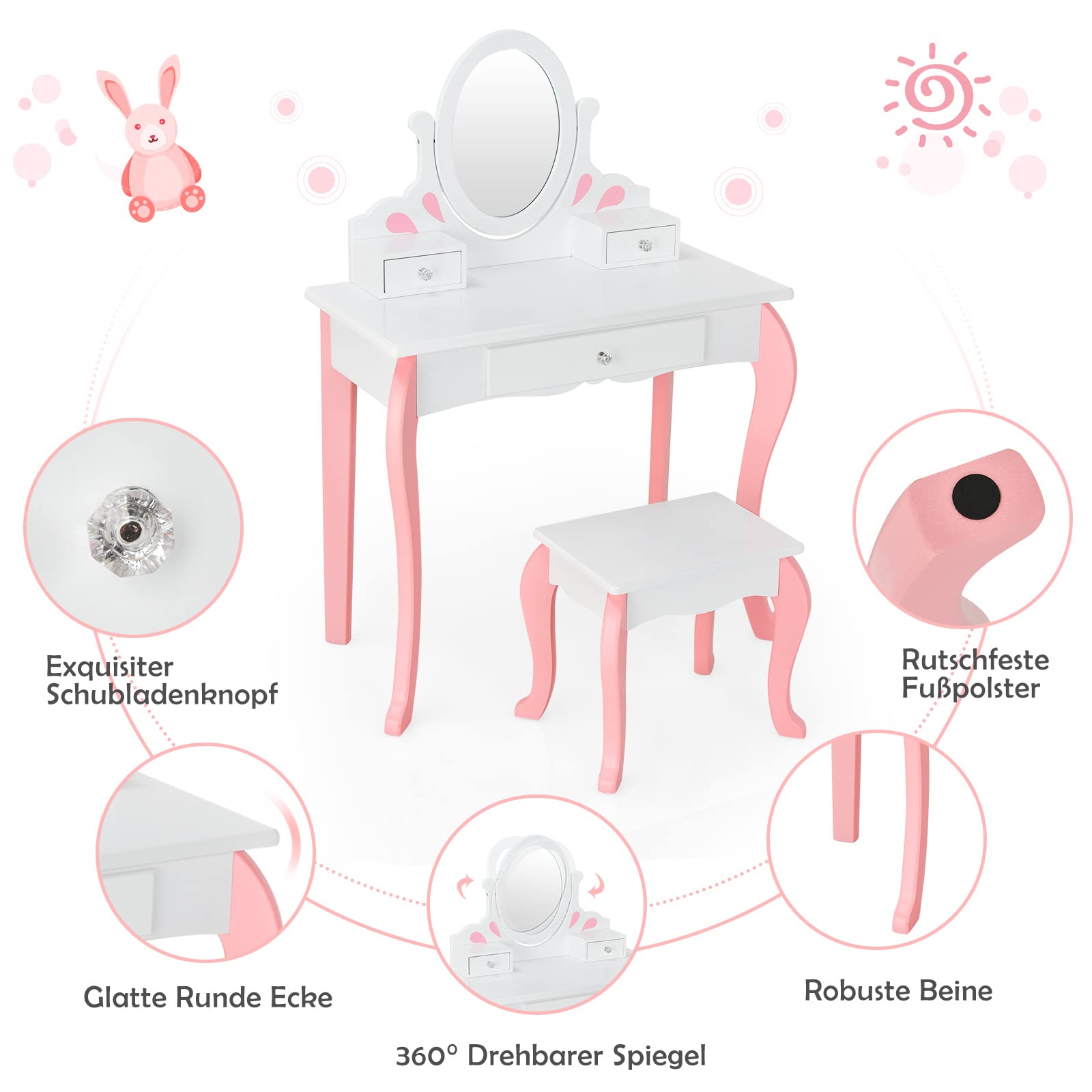 COSTWAY Kinder Schminktisch mit Hocker, Prinzessin Frisiertisch mit 3 Schublade & 360 ° drehbarem Spiegel, Frisierkommode Schminkkommode für Mädchen (Weiß)