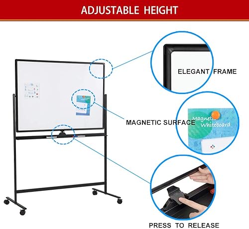 Miniatura 4 de Pizarra blanca grande móvil de borrado en seco, 48 x 32 pulgadas, pizarra blanca de doble cara con ajuste de altura, soporte rodante con marco de
