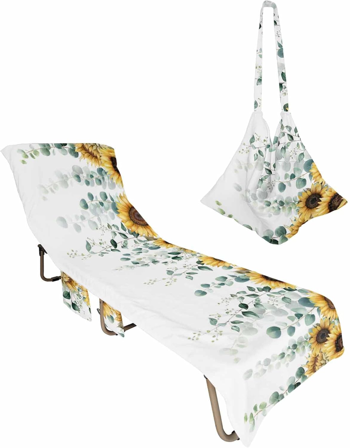 Green Eucalyptus Leaves Beach Pool Patio Lounge Chaise Chair Cover Towel With Pockets,Absorbent & Quick Dry Microfiber Towel Cover Bag Summer Accessories for Sunbathing Yellow Farmhouse Sunflower