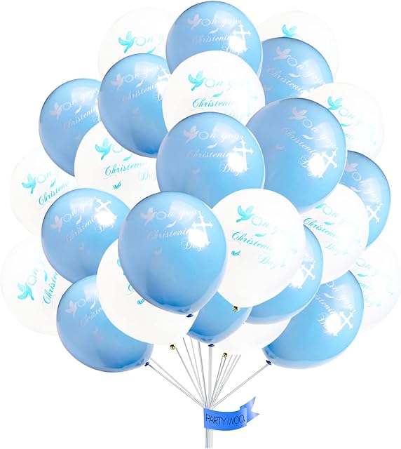 Christening Day Balloons Decorations for Boys Girls Baby Baptism Baby Shower Dove Cross Birthday Latex Balloon Blue and White Pack of 12