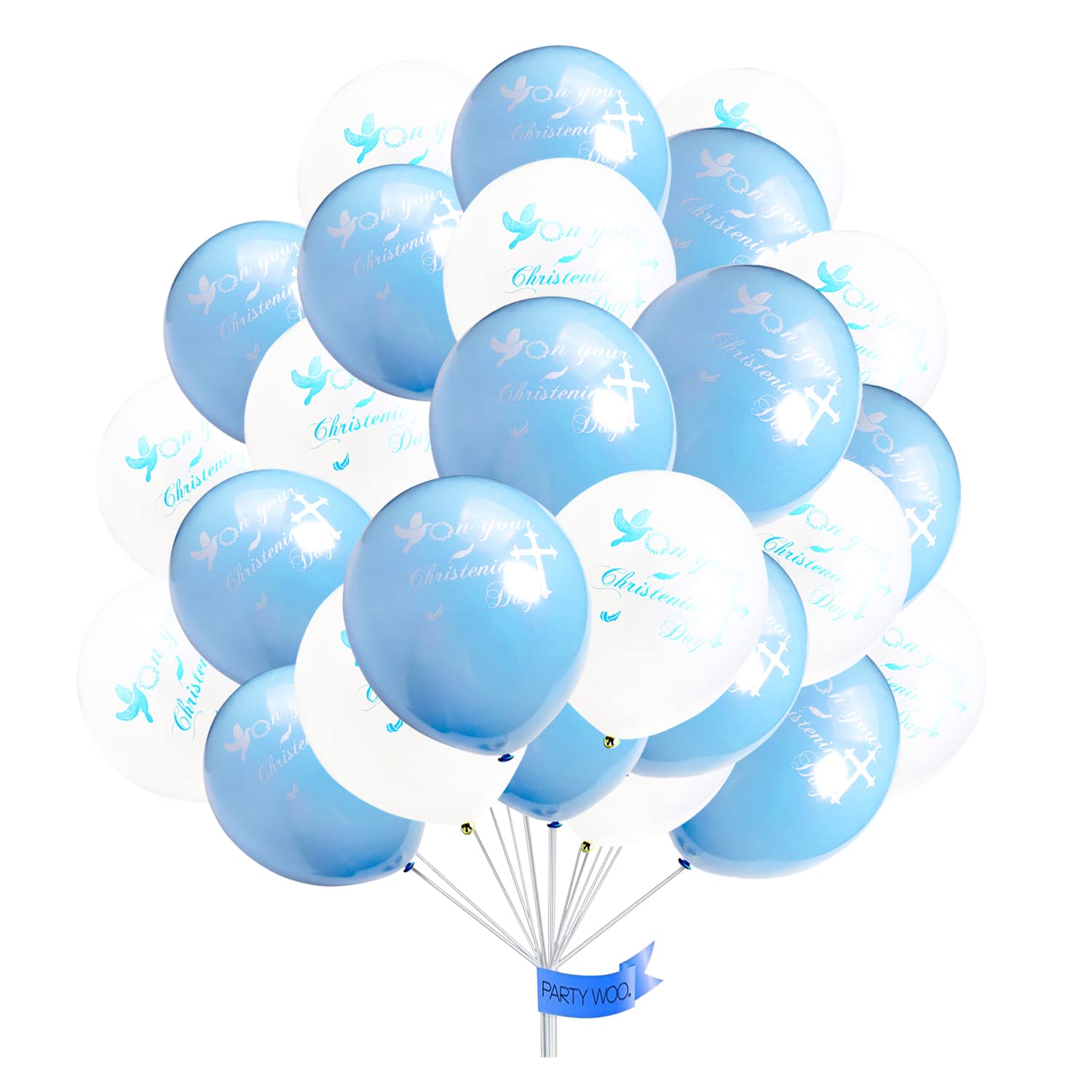 Longan Craft Christening Day Balloons Decorations for Boys Girls Baby Baptism Baby Shower Dove Cross Birthday Latex Balloon Blue and White Pack of 12