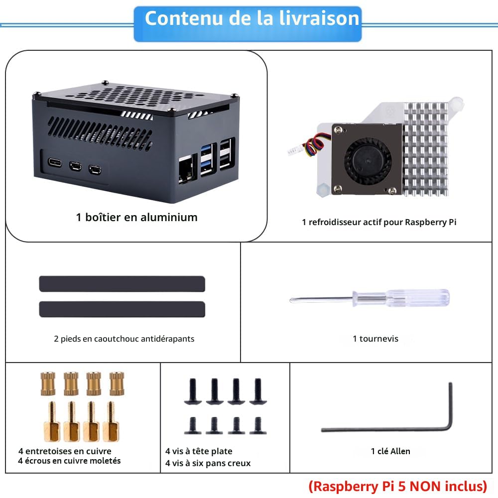 GeeekPi Raspberry Pi 5 Aluminium Boîtier avec Official Active Cooler, Support PCIe M.2 NVMe SSD Shield Top X1001 / X1000 / X1003 / N04 / N05