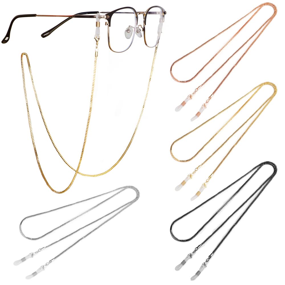 WHC Cadena para Gafas Mujer, 4 Pieza Cobre Cuelga Gafas Cuerda Cordones para Gafas de Sol Hombre, Correa Gafas Cinta para Gafas Deporte Oro/Plata/Negro/Oro Rosa