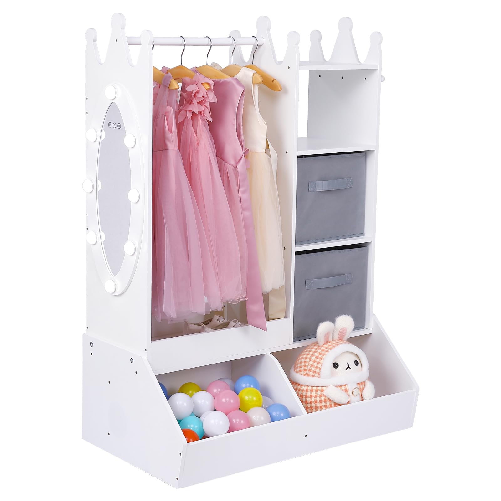 Mädchen Kinder-Kleiderschrank Dress-Up Garderobe aus Holz – Spiegel & Touch-Licht – offene Kleiderstange + Aufbewahrungsbox, fürs Kinderzimmer/Spielzimmer – Farbe: Pink | Farbe: pink