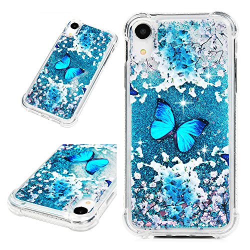 MOLLYCOOCLE iPhone XR Case, Flowing Liquid Floating Luxury Bling Glitter Sparkle TPU Bumper Case for iPhone XR 6.1 inch - Blue Butterfly