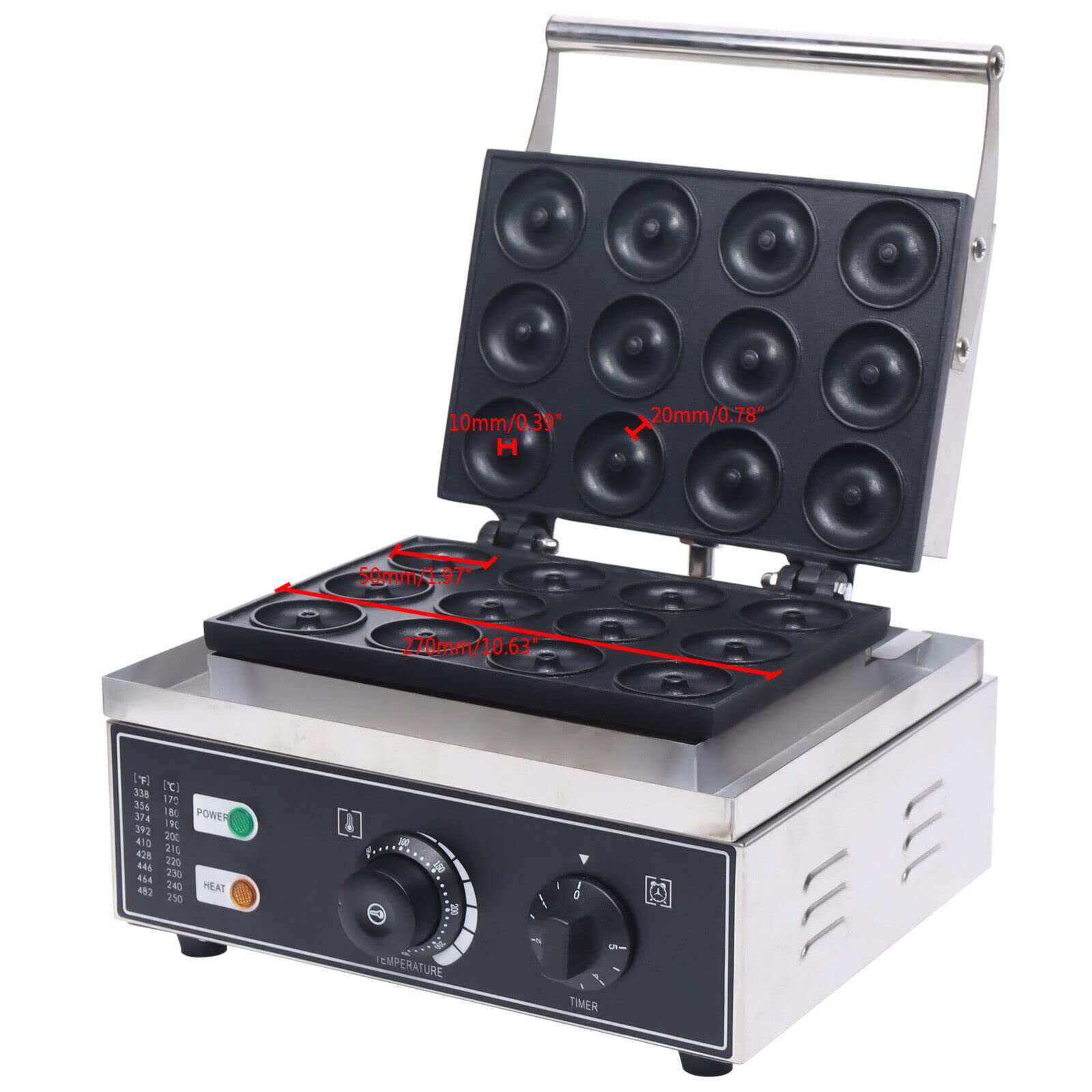 Lot de 12 machines à donut 220 V 1550 W en acier inoxydable antiadhésif contrôle de la température 50-300 °C Chauffage rapide 1 à 5 minutes Idéal pour les fêtes, cafés, salons de thé