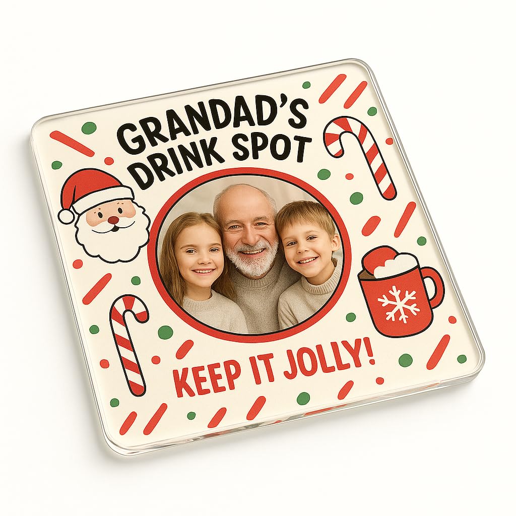 The Plum Penguin Grandad's Drink Personalised Acrylic Coaster Gift With Personalised Jolly Sip Spot Design - Festive Christmas Home Décor For S