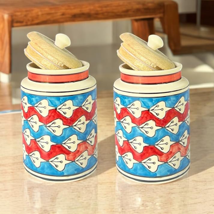 Image of Airtight Ceramic Jars (Pack of 2) - 900ml Each - Wooden Lid - Kitchen Containers for Sugar, Tea, Salt, Pickles, Pulses & More