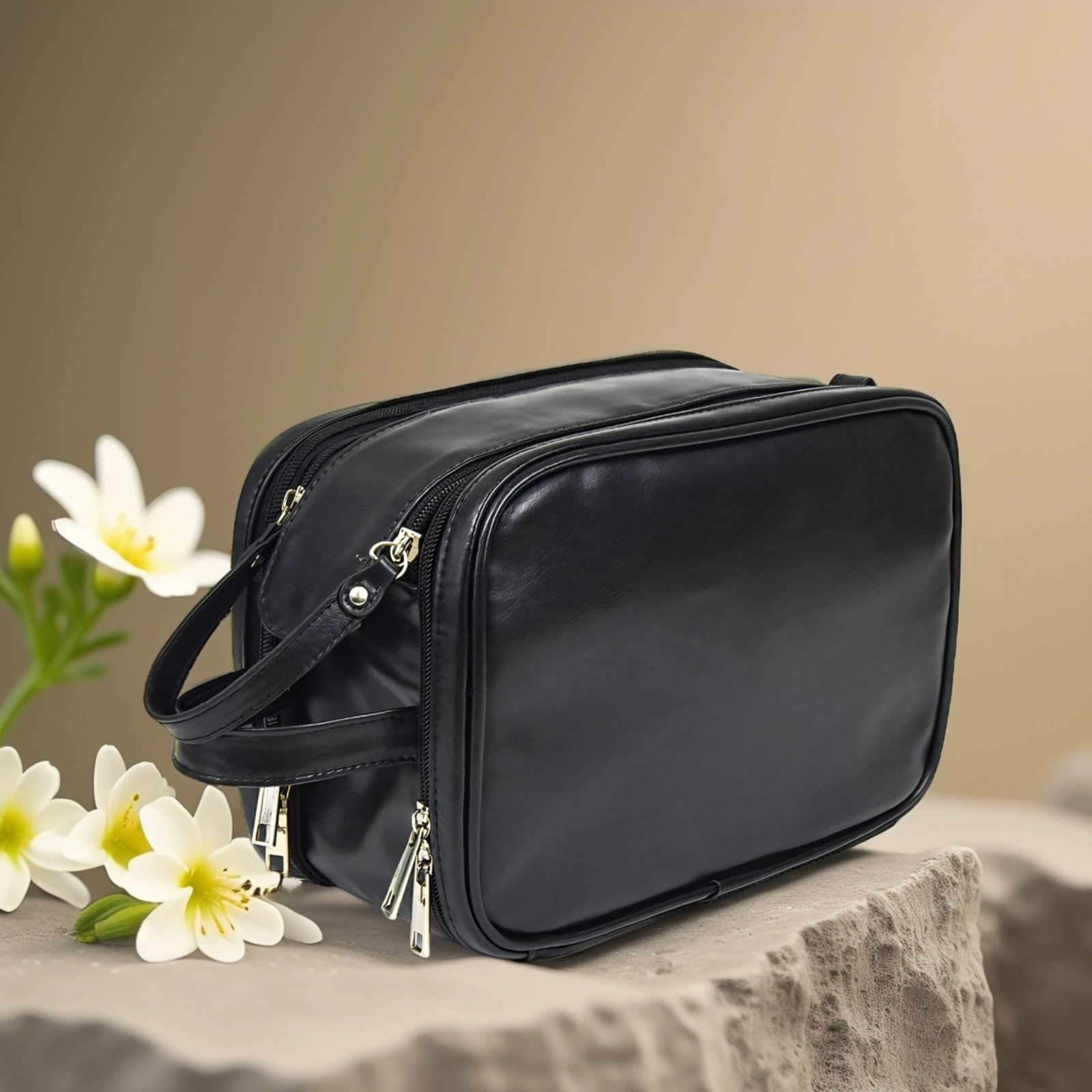 Generisch Neceser de aseo para hombre, de piel sintética, bolsa de aseo para hombres, bolsa de afeitar de viaje, bolsa de afeitar para colgar, doble cremallera, gran capacidad, color negro