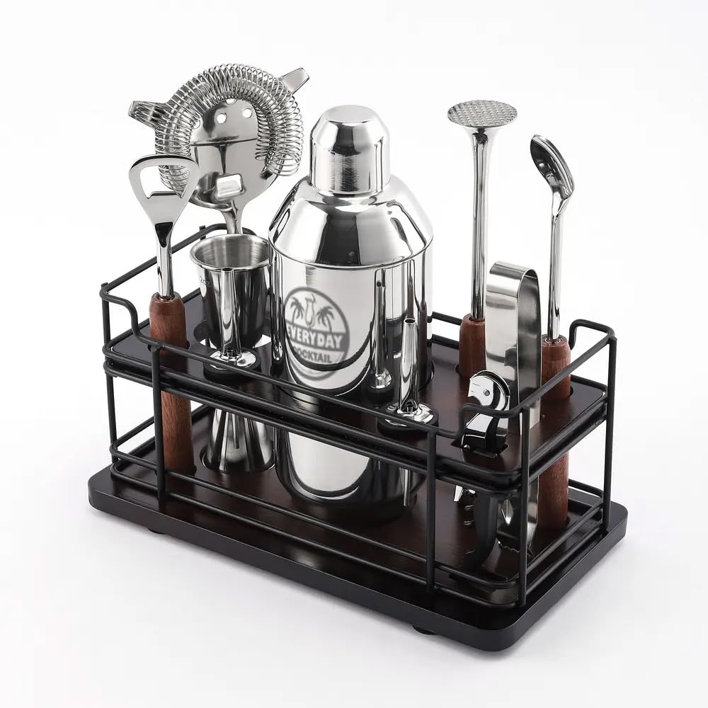 EVERYDAY COCKTAIL® |10-Piece Luxury Cocktail Shaker Set Bartender Kit with Stand | Drink Mixer Set | Bar Accessory Tools: Martini Shaker, Jigger, Strainer, Mixer Spoon, Muddler, Liquor Pourers
