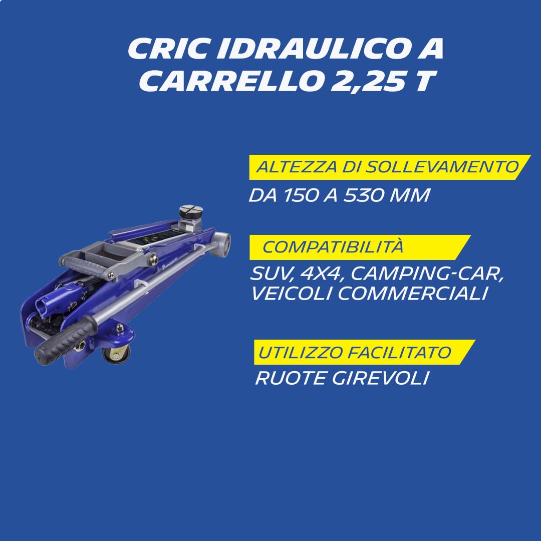 MICHELIN Cric Idraulico a Carrello 2,25T per SUV, 4x4, camper, furgon, leva 150 mm a 530 mm