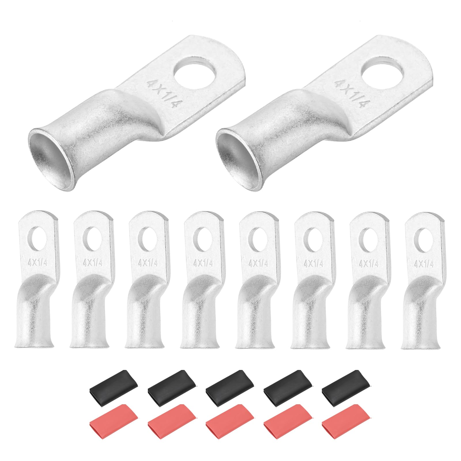 DMiotech 10 Pcs 4 AWG - 1/4" Tinned Copper Cable Lugs, Battery Cable Ends, Heavy Duty Copper Wire Lugs with 10pcs Heat Shrink Tubing for Electrical Projects, Silver
