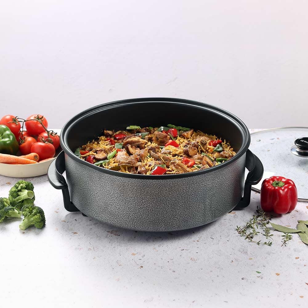 Olla eléctrica Orbegozo PZ 4211, 42 cm, 1500W, Capacidad 6 Litros, Tapa de cristal con asa y válvula de seguridad.
