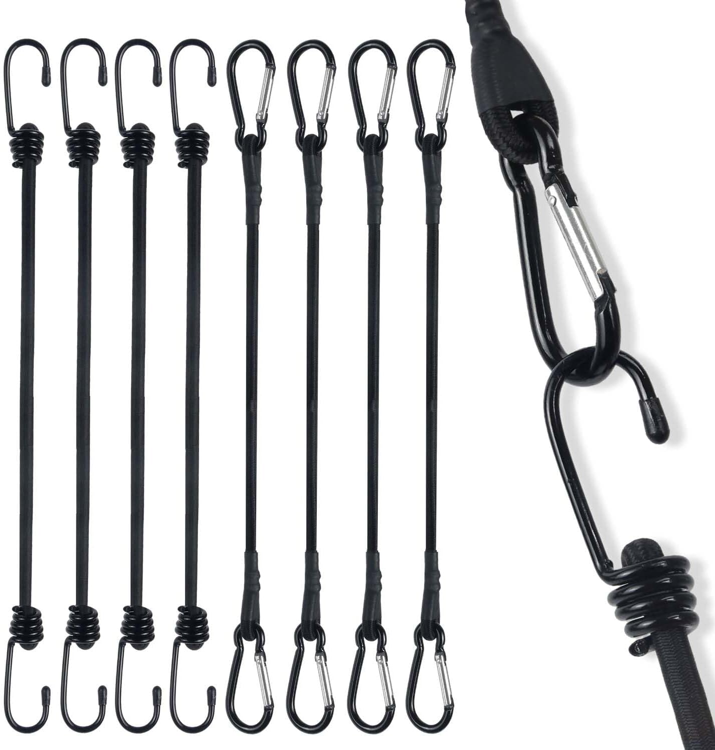 8-Pack Bungee Cords with Hooks & Carabiners - 24 Inch Bungee Rope (4 Hooks + 4 Carabiner Clips) - Heavy Duty Elastic Stretch Cords for Kayaking, Camping, Truck, Tarp, Gear Tie Down - Black