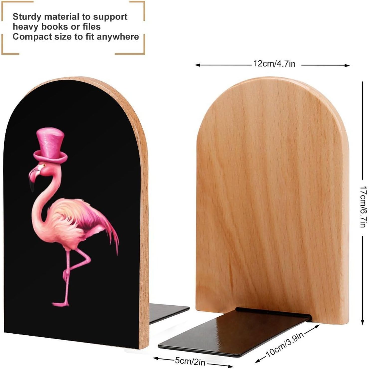 Flamingo with High Hat Cute Wood Book Ends Decorative Bookends 1 Pair Non-Skid for Shelves Home Office 7 X 5 Inch