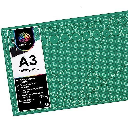 OfficeTree Cutting Mat A3 Self Healing - Green Cutting Board Craft 45 x 30 cm - Double Sided Grid - PVC 3 Layers Quilting for Sewing, Crafting, Modelling, Scrapbooking