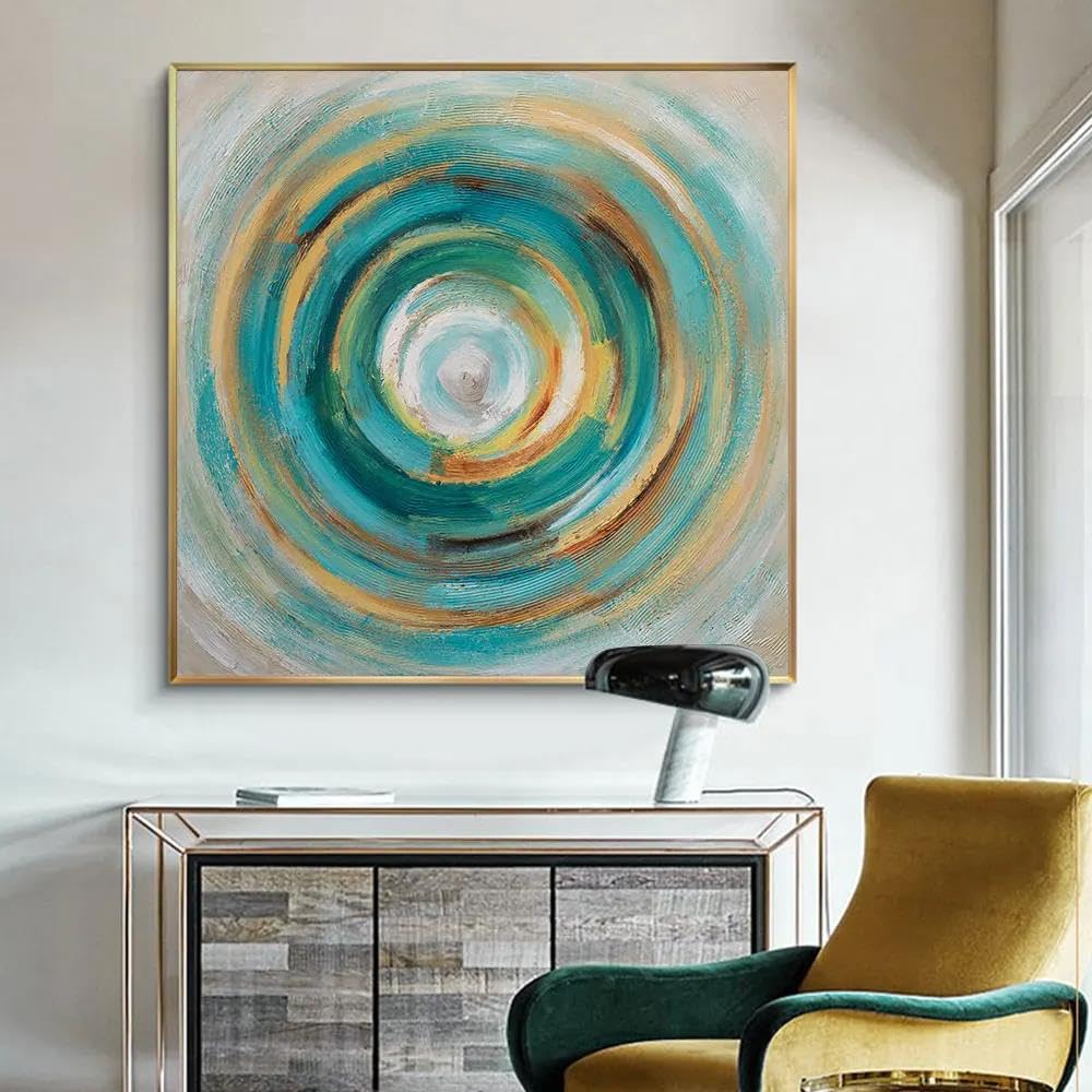 LIUYUYOUGO Abstract Canvas Wall Art Hand Painted Teal And Gold Vortex Painting Textured Artwork Oil Painting Frameless Modern Circle Wall Decor For Living Room Bedroom Office 60X60Cm(24X24Inch)