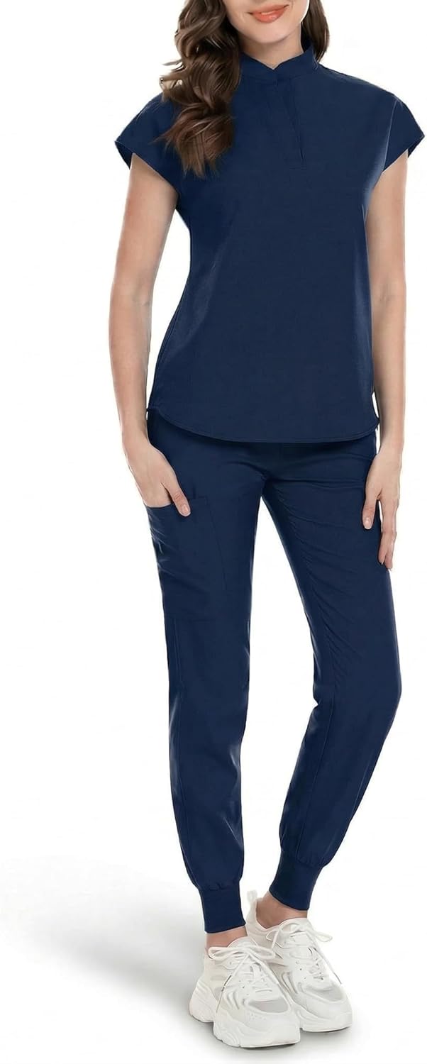 Women's Medical Scrub Set – Mandarin Collar Top & Jogger Pants, Stretchy Breathable Nursing Uniform with Pockets, Comfortable Healthcare Workwear
