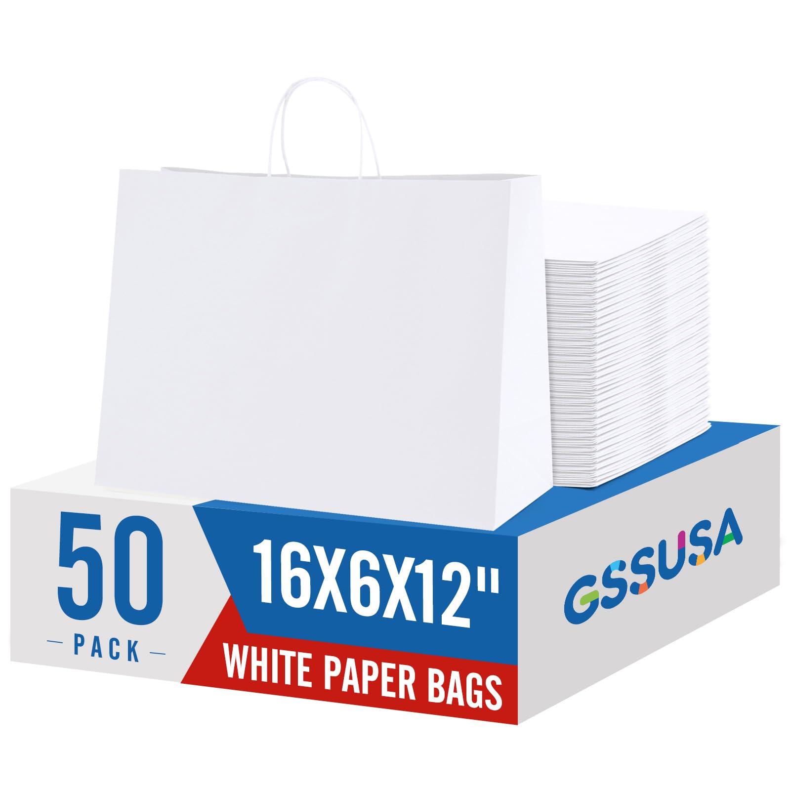 GSSUSA Large Paper Bags with Handles16x6x12 White 50Pcs, Kraft Paper Shopping Bags Bulk for Small Business, Valentines Day, Grocery, Boutique, Merchandise