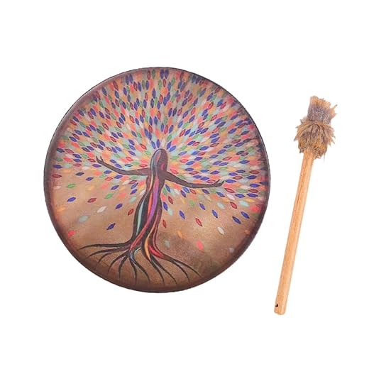oshhni Tambor Xamânico com Baquetas - Adereço para Cerimônias - Decoração Útil - Adultos - Leve - Suprimentos para Apresentações - Tambor Xamânico, Deusa Da Vida
