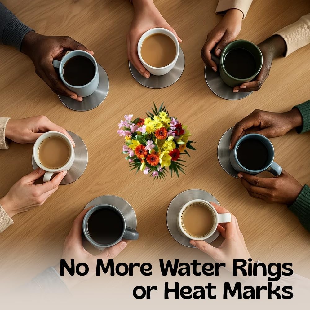 Stainless Steel Coasters – Set of 6 Round Drink Coasters with Holder & Sponge Bottom | Anti-Slip, Rust-Resistant Tabletop Protection for Home, Kitchen, Dining & Office Use (Steel Round) - Image 5