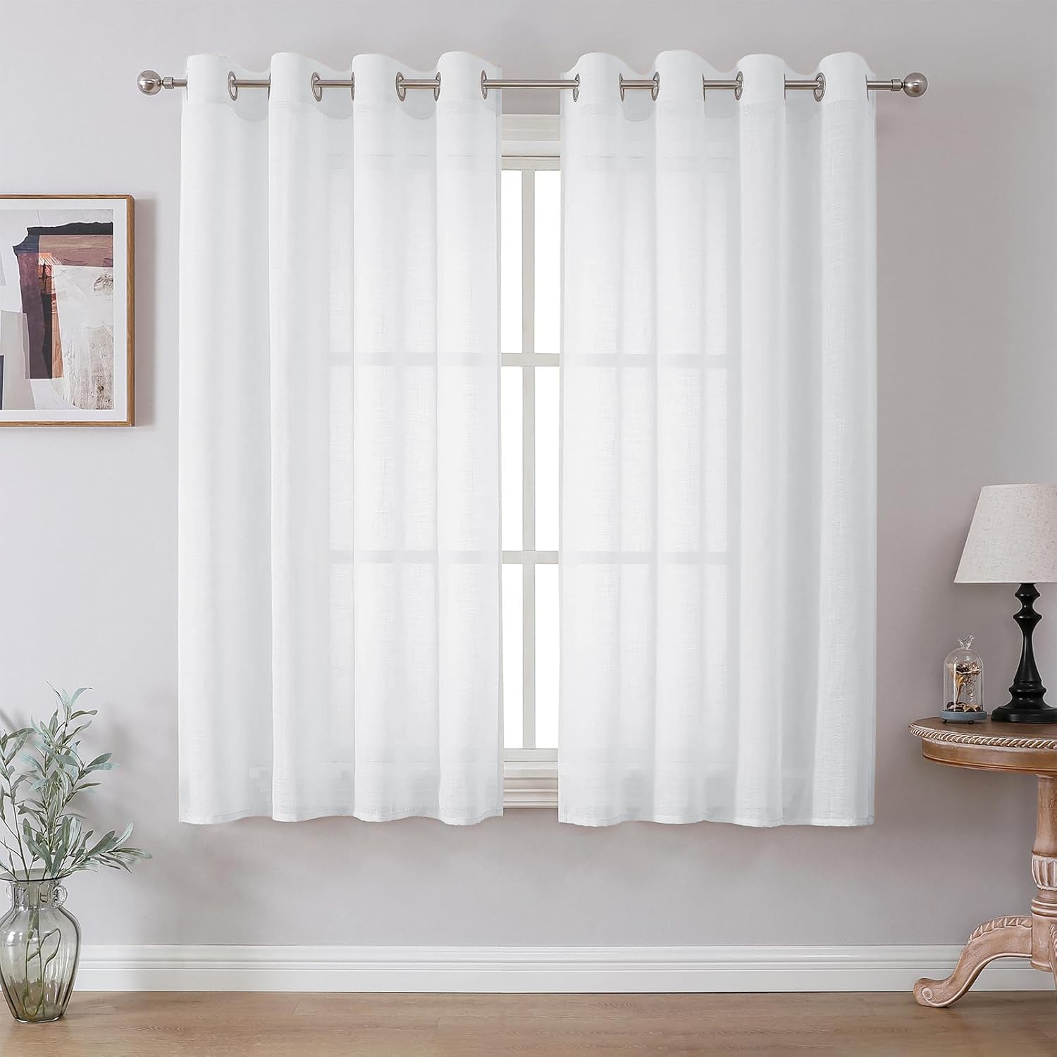CUCRAF Leinenoptik Weiß Voile Vorhänge mit Ösen Halbtransparent Gardine für Schlafzimmer Wohnzimmer H145 x B140cm 2er Set,Weiß